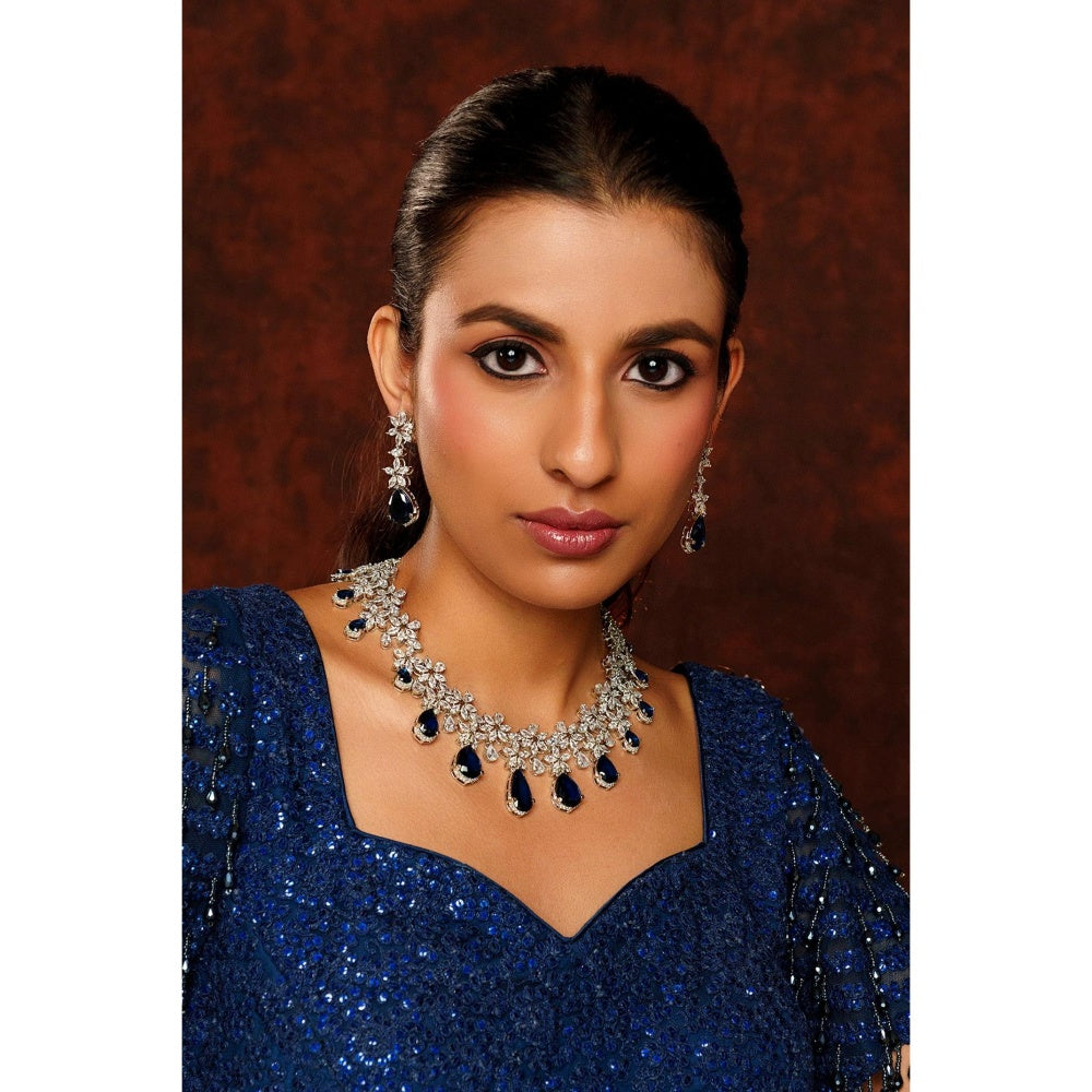 Zevar By Geeta Blue Roshni Sapphire Diamond Necklace and Pair Of Earrings