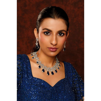 Zevar By Geeta Blue Roshni Sapphire Diamond Necklace and Pair Of Earrings