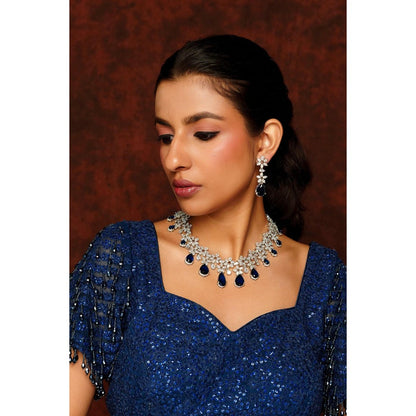 Zevar By Geeta Blue Roshni Sapphire Diamond Necklace and Pair Of Earrings