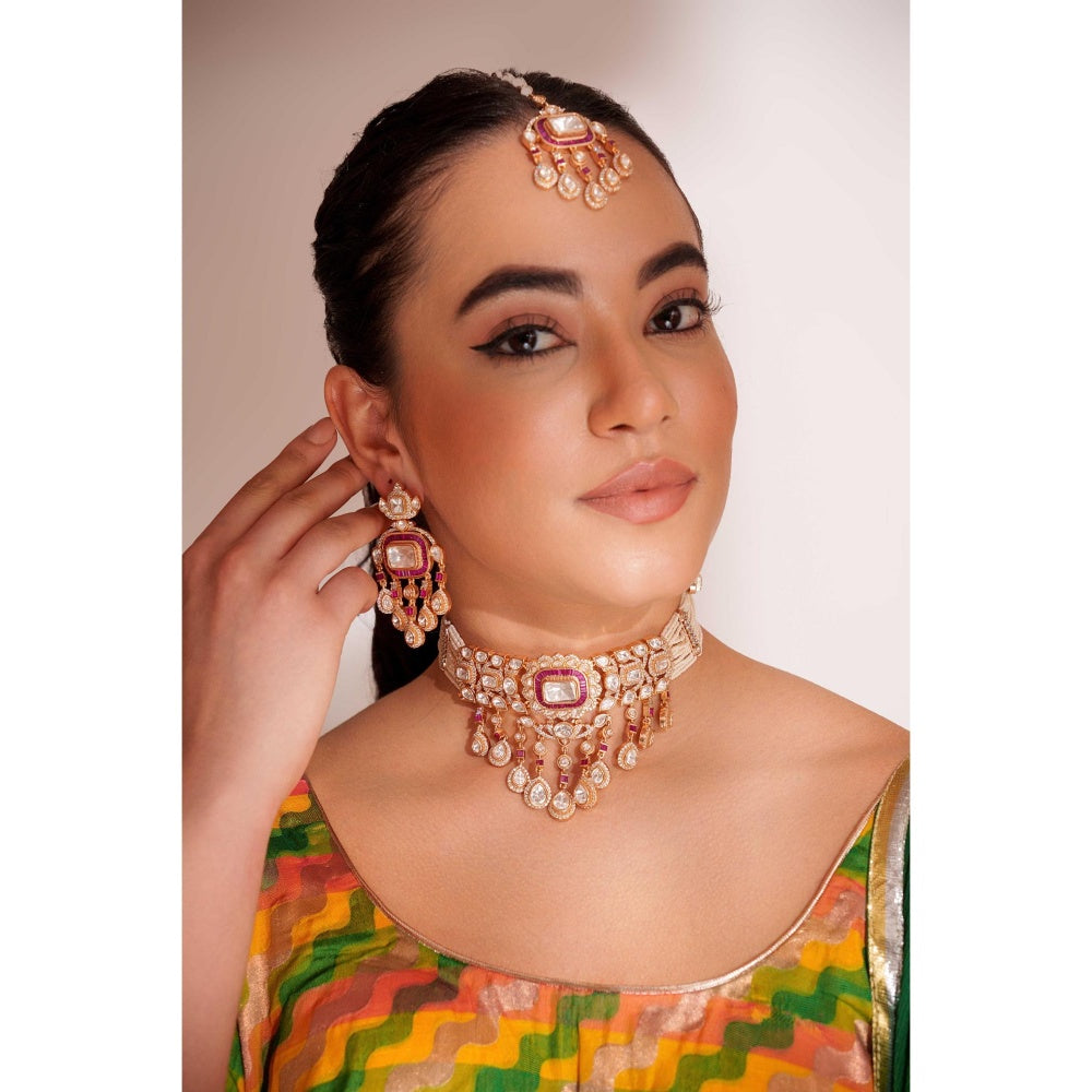 Zevar By Geeta Ihita Pink Kundan Choker with Pair Of Earrings and Maang Tikka
