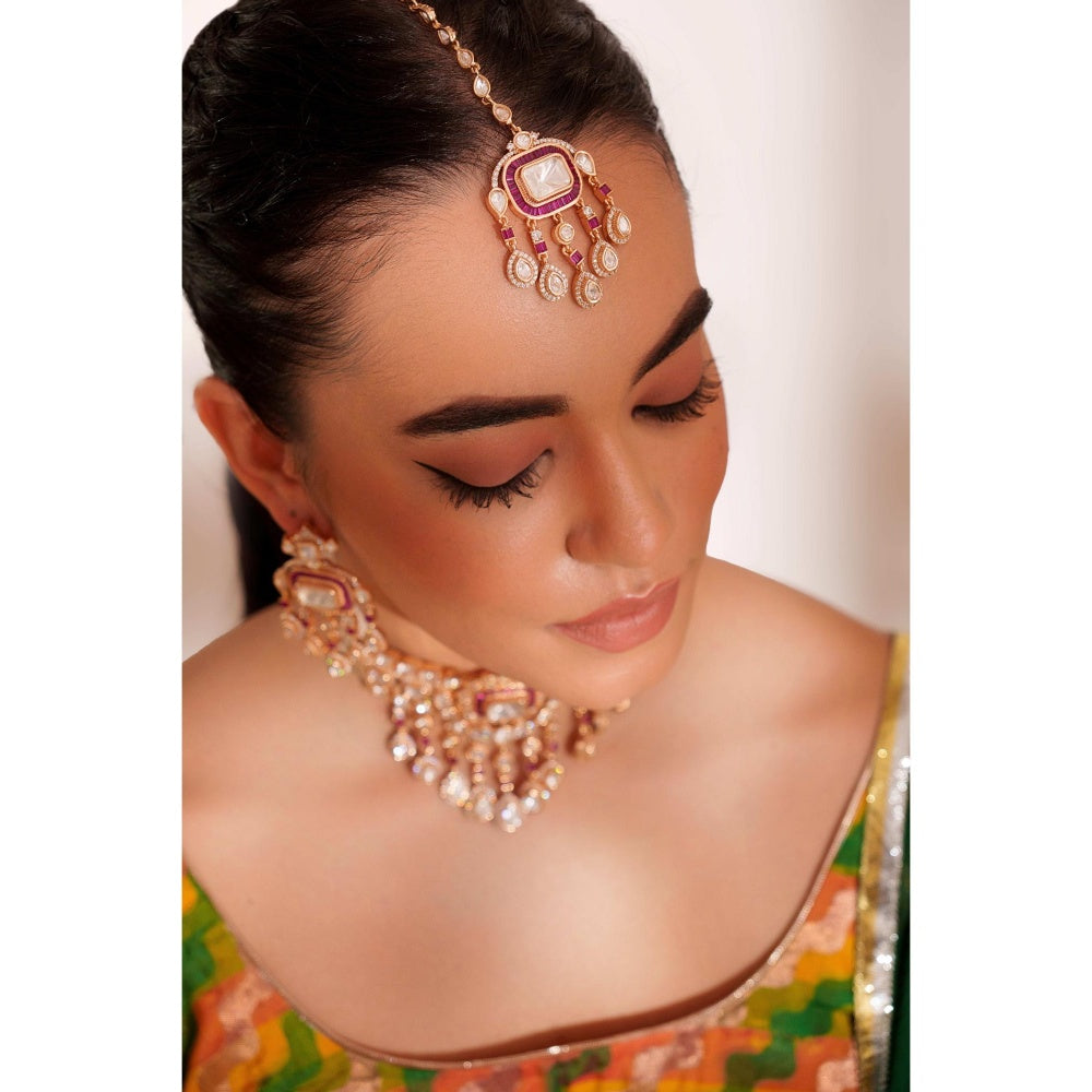 Zevar By Geeta Ihita Pink Kundan Choker with Pair Of Earrings and Maang Tikka