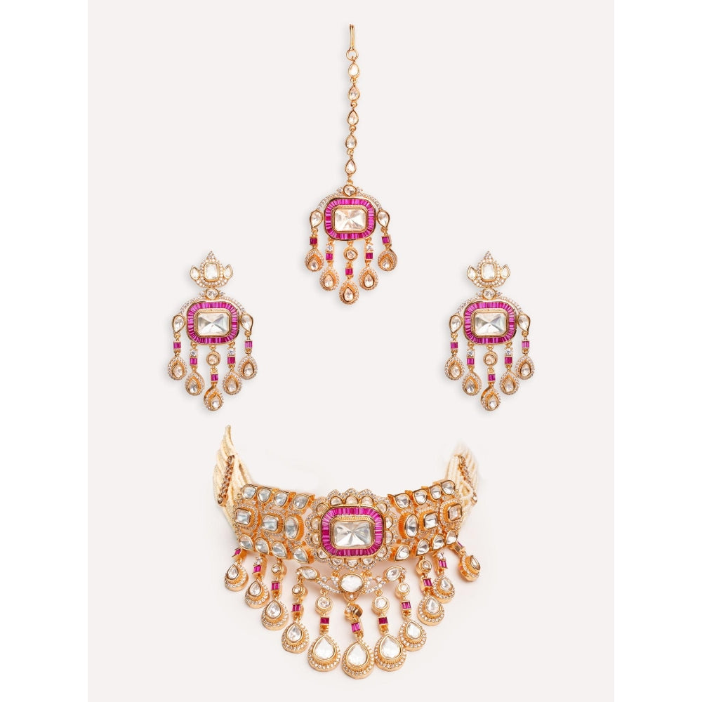 Zevar By Geeta Ihita Pink Kundan Choker with Pair Of Earrings and Maang Tikka