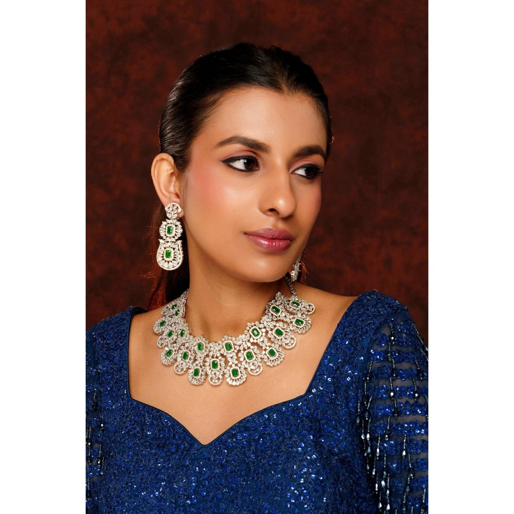Zevar By Geeta Chehek Green Emerald Diamond Necklace and Pair Of Earrings