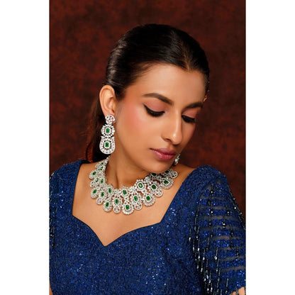 Zevar By Geeta Chehek Green Emerald Diamond Necklace and Pair Of Earrings