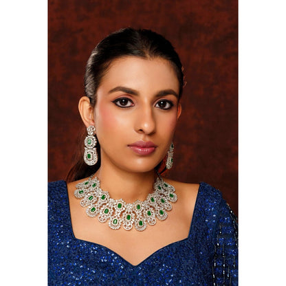 Zevar By Geeta Chehek Green Emerald Diamond Necklace and Pair Of Earrings