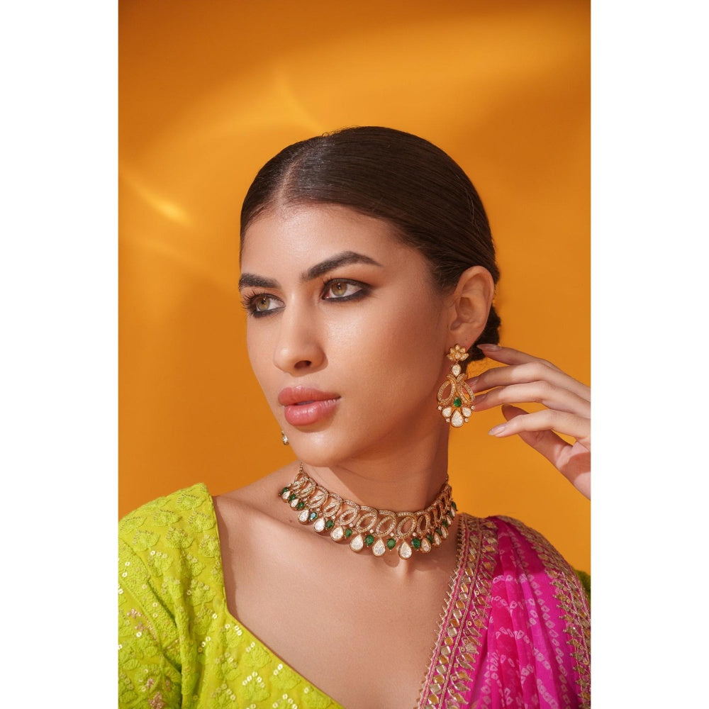 Zevar By Geeta Yashna Green Polki Necklace and Pair Of Earrings