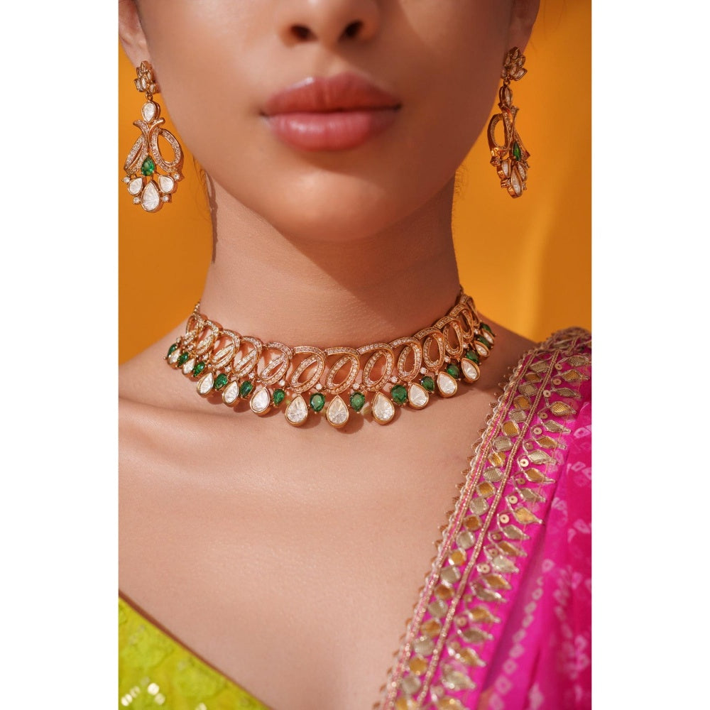 Zevar By Geeta Yashna Green Polki Necklace and Pair Of Earrings