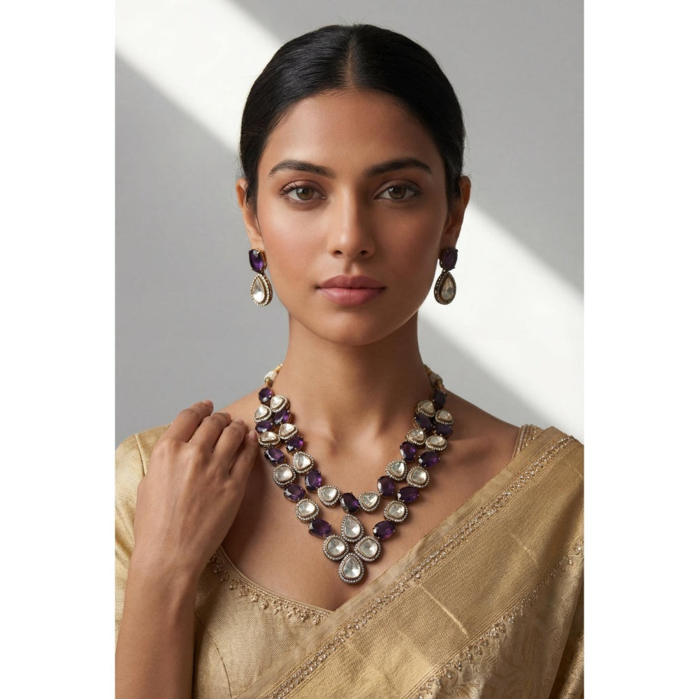 Zevar By Geeta Purple Geshna Amethyst Polki Necklace and Pair Of Earrings