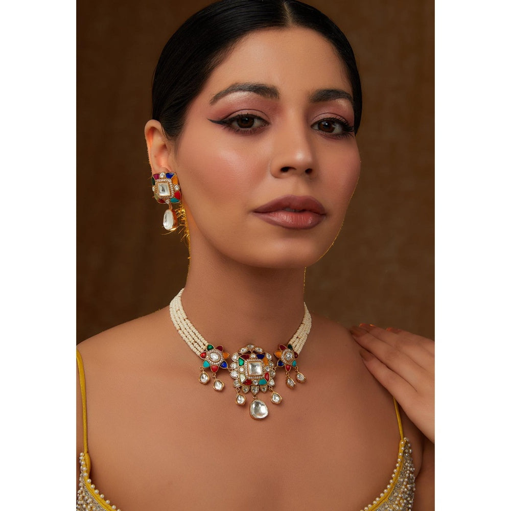 Zevar By Geeta Devi Multicolor Kundan Choker with Pair Of Earrings