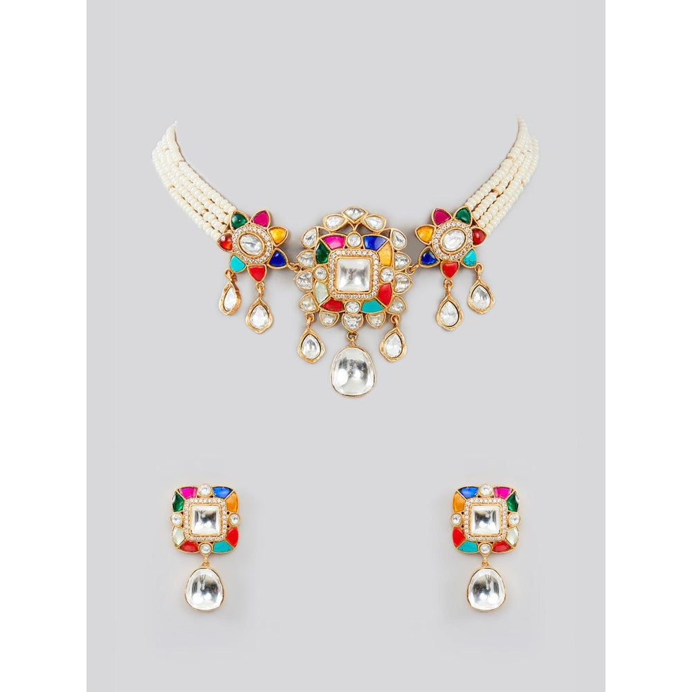 Zevar By Geeta Devi Multicolor Kundan Choker with Pair Of Earrings