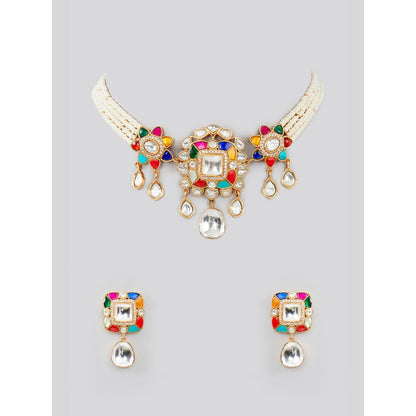 Zevar By Geeta Devi Multicolor Kundan Choker with Pair Of Earrings