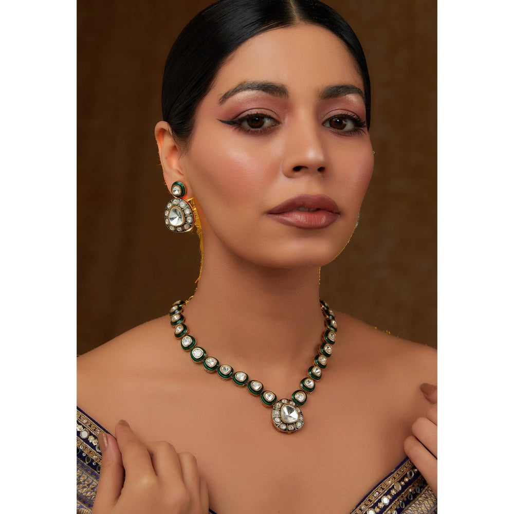 Zevar By Geeta Natasha Green Meenakari Polki Necklace and Pair Of Earrings