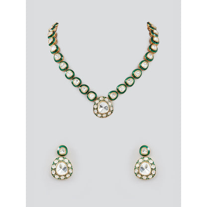 Zevar By Geeta Natasha Green Meenakari Polki Necklace and Pair Of Earrings