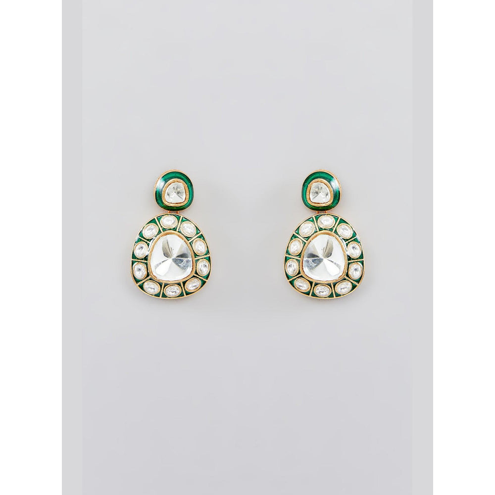 Zevar By Geeta Natasha Green Meenakari Polki Necklace and Pair Of Earrings