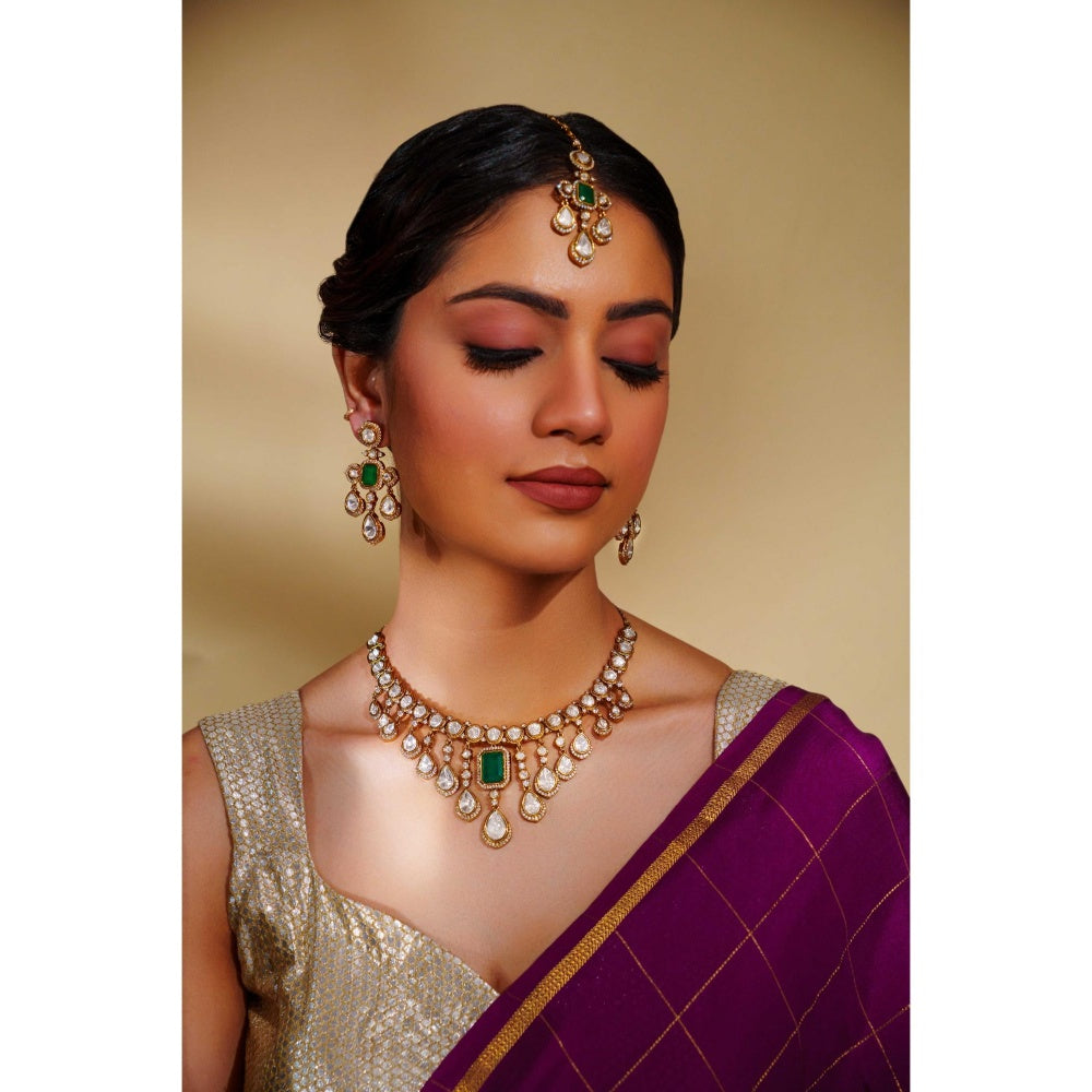 Zevar By Geeta Green Rudrama Moissanite Necklace and Pair Of Earrings with Maang Tikka
