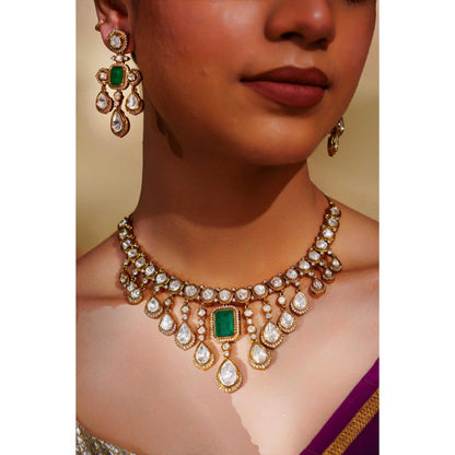 Zevar By Geeta Green Rudrama Moissanite Necklace and Pair Of Earrings with Maang Tikka