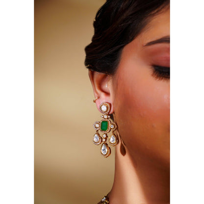 Zevar By Geeta Green Rudrama Moissanite Necklace and Pair Of Earrings with Maang Tikka