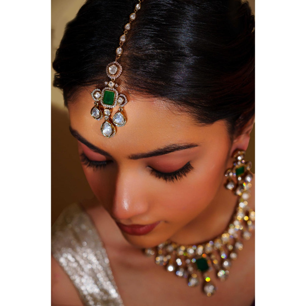 Zevar By Geeta Green Rudrama Moissanite Necklace and Pair Of Earrings with Maang Tikka