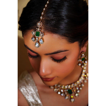 Zevar By Geeta Green Rudrama Moissanite Necklace and Pair Of Earrings with Maang Tikka