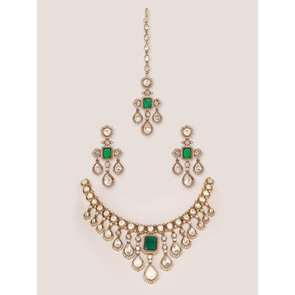 Zevar By Geeta Green Rudrama Moissanite Necklace and Pair Of Earrings with Maang Tikka