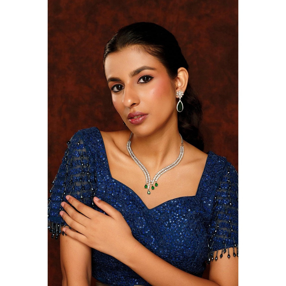 Zevar By Geeta Jeshna Green Emerald Diamond Necklace and Pair Of Earrings