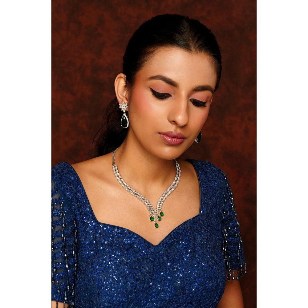 Zevar By Geeta Jeshna Green Emerald Diamond Necklace and Pair Of Earrings