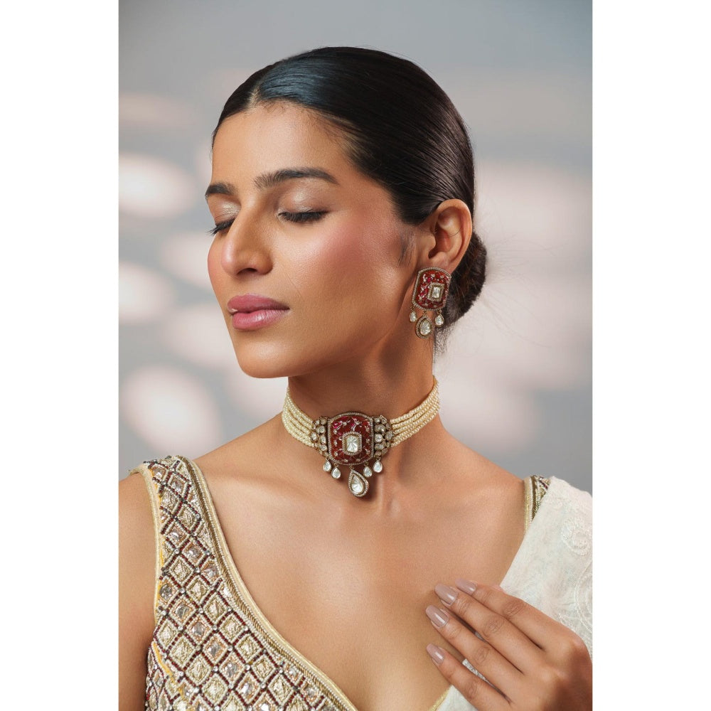 Zevar By Geeta Kayra Pink Polki Choker with Pair Of Earrings