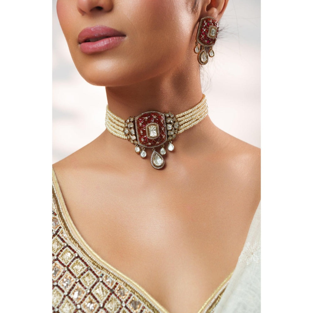 Zevar By Geeta Kayra Pink Polki Choker with Pair Of Earrings