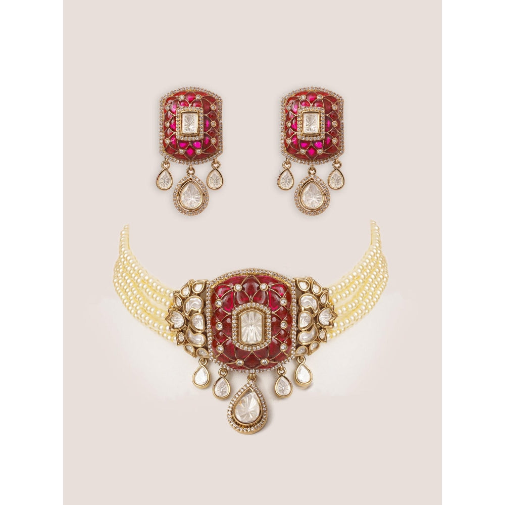 Zevar By Geeta Kayra Pink Polki Choker with Pair Of Earrings