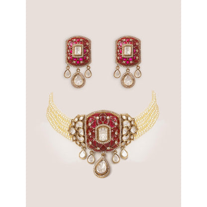 Zevar By Geeta Kayra Pink Polki Choker with Pair Of Earrings
