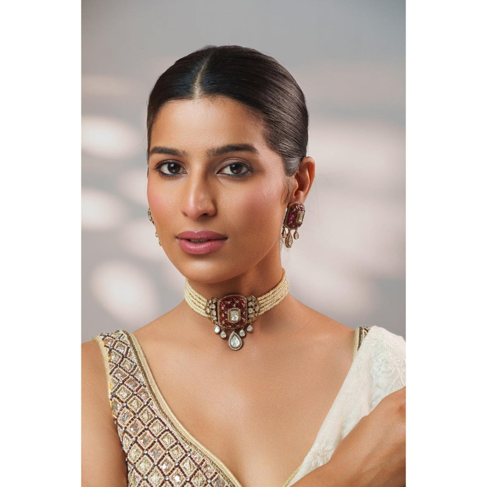 Zevar By Geeta Kayra Pink Polki Choker with Pair Of Earrings