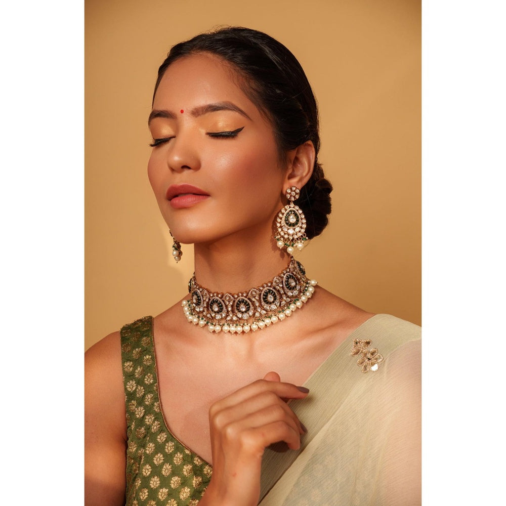 Zevar By Geeta Green Hemal Polki Choker with Pair Of Earrings