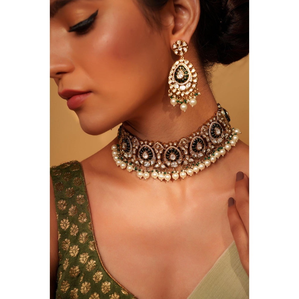 Zevar By Geeta Green Hemal Polki Choker with Pair Of Earrings