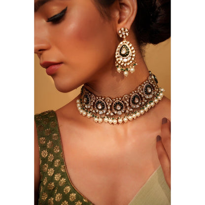 Zevar By Geeta Green Hemal Polki Choker with Pair Of Earrings