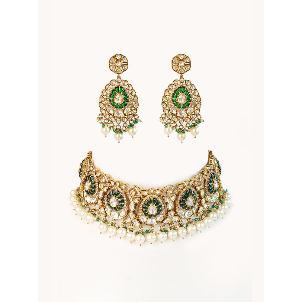 Zevar By Geeta Green Hemal Polki Choker with Pair Of Earrings