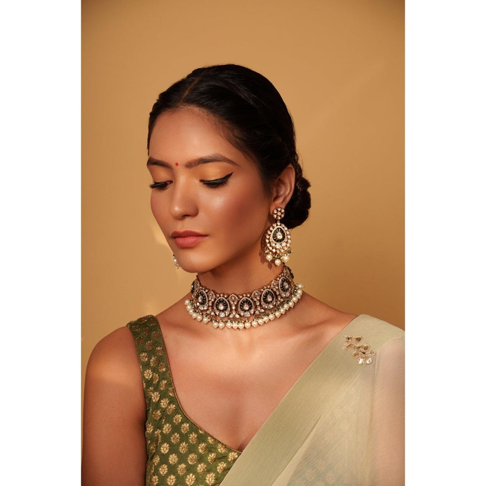 Zevar By Geeta Green Hemal Polki Choker with Pair Of Earrings