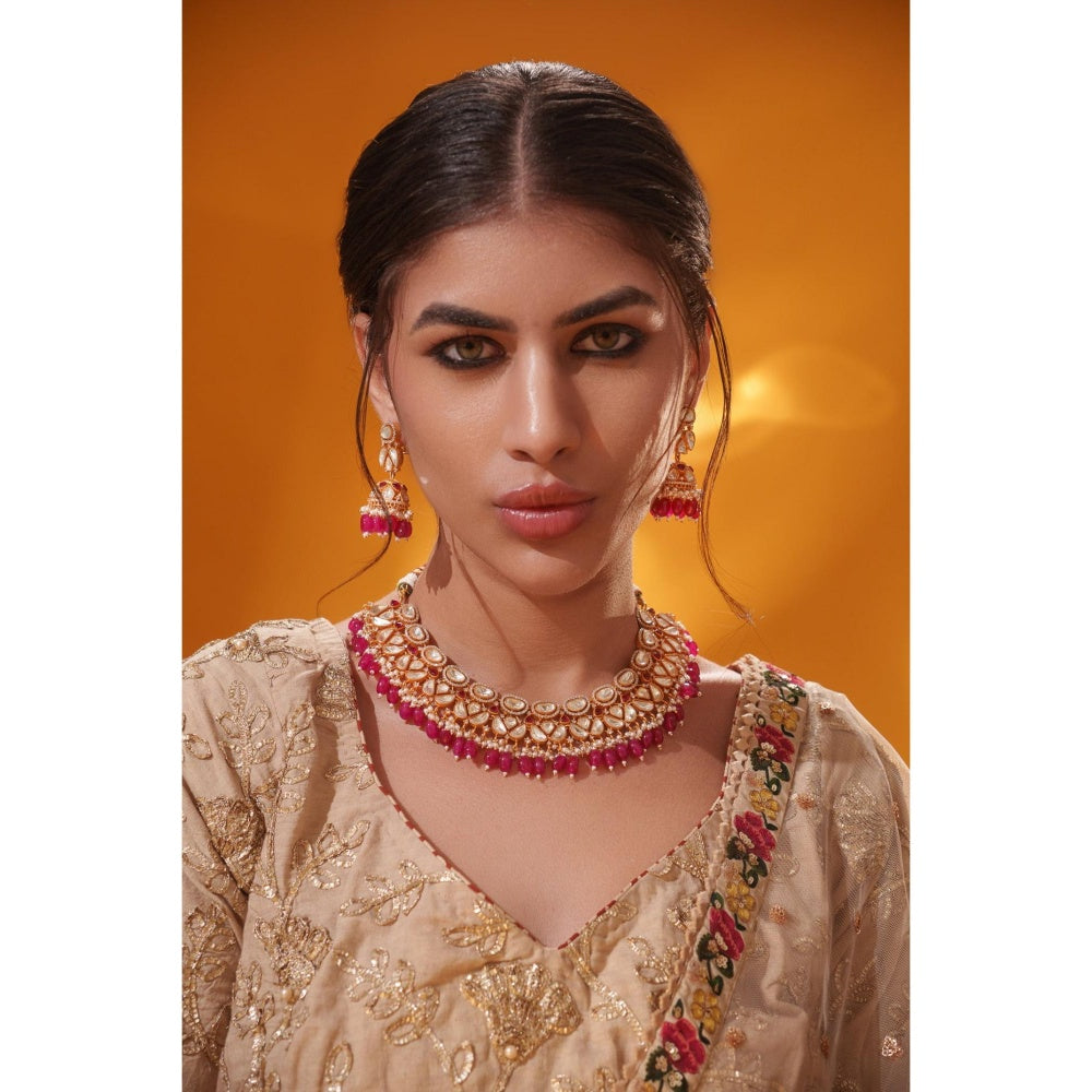 Zevar By Geeta Rida Pink Moissanite Necklace and Pair Of Earrings