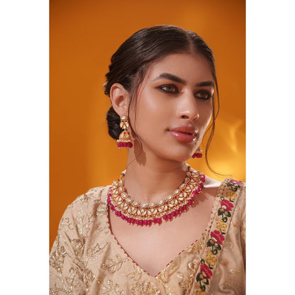 Zevar By Geeta Rida Pink Moissanite Necklace and Pair Of Earrings