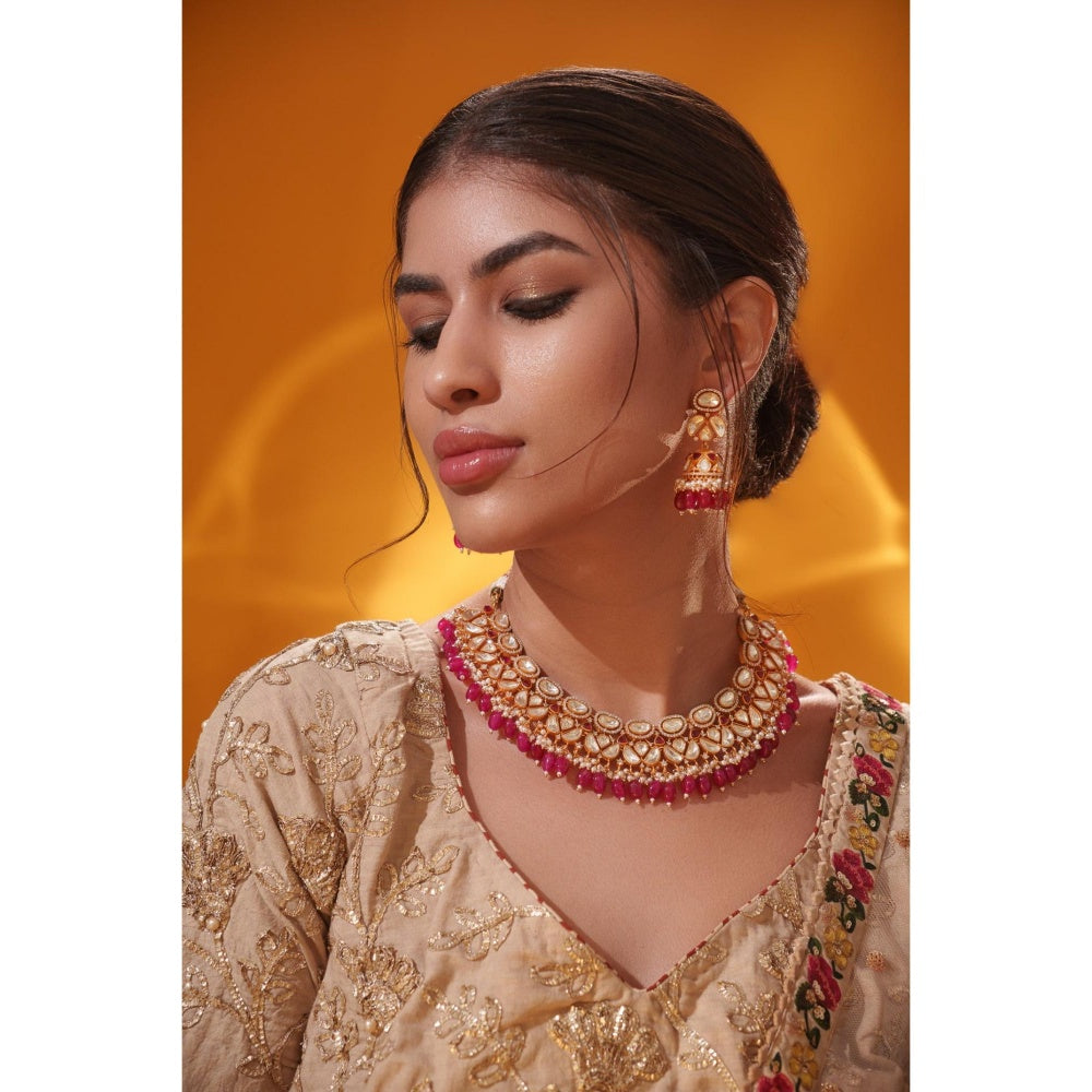 Zevar By Geeta Rida Pink Moissanite Necklace and Pair Of Earrings