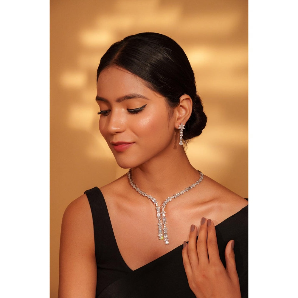 Zevar By Geeta White Shenil Diamond Necklace and Pair Of Earrings