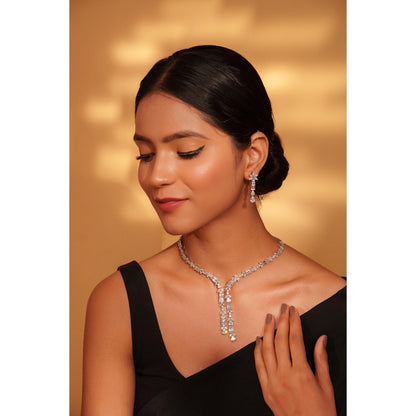 Zevar By Geeta White Shenil Diamond Necklace and Pair Of Earrings