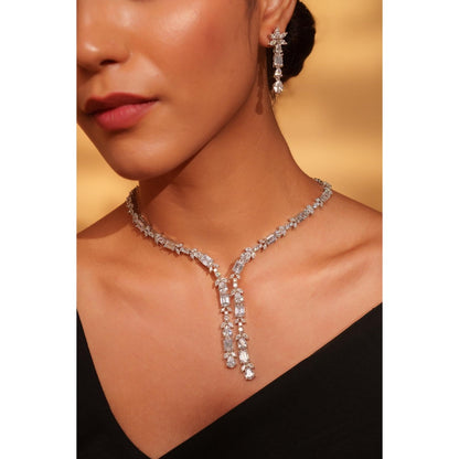 Zevar By Geeta White Shenil Diamond Necklace and Pair Of Earrings