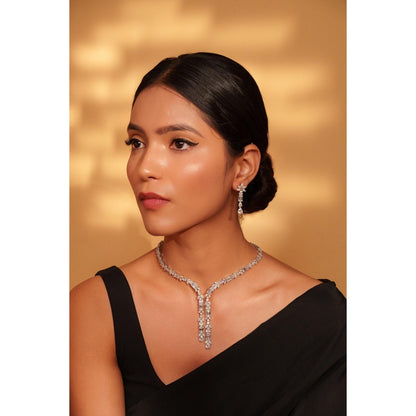Zevar By Geeta White Shenil Diamond Necklace and Pair Of Earrings