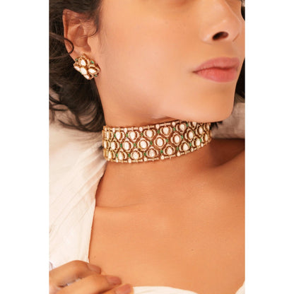 Zevar By Geeta Ganessa Polki Green Choker with Pair Of Earrings