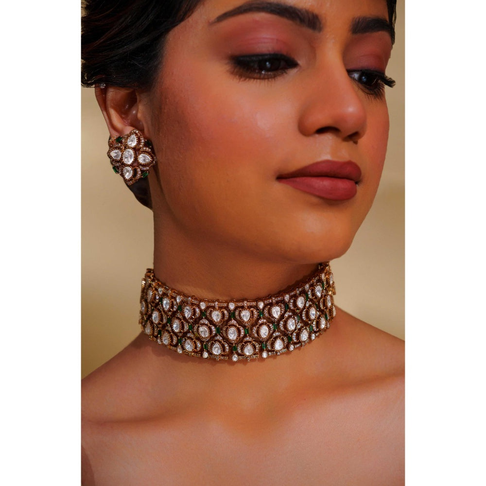 Zevar By Geeta Ganessa Polki Green Choker with Pair Of Earrings