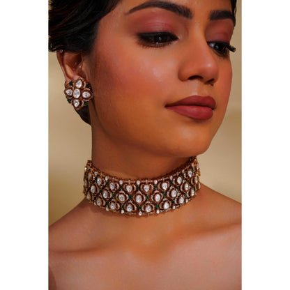 Zevar By Geeta Ganessa Polki Green Choker with Pair Of Earrings