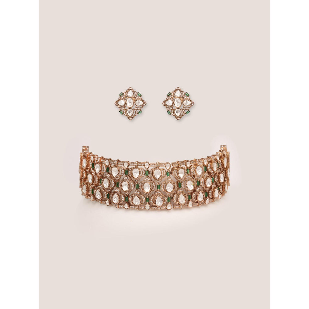 Zevar By Geeta Ganessa Polki Green Choker with Pair Of Earrings