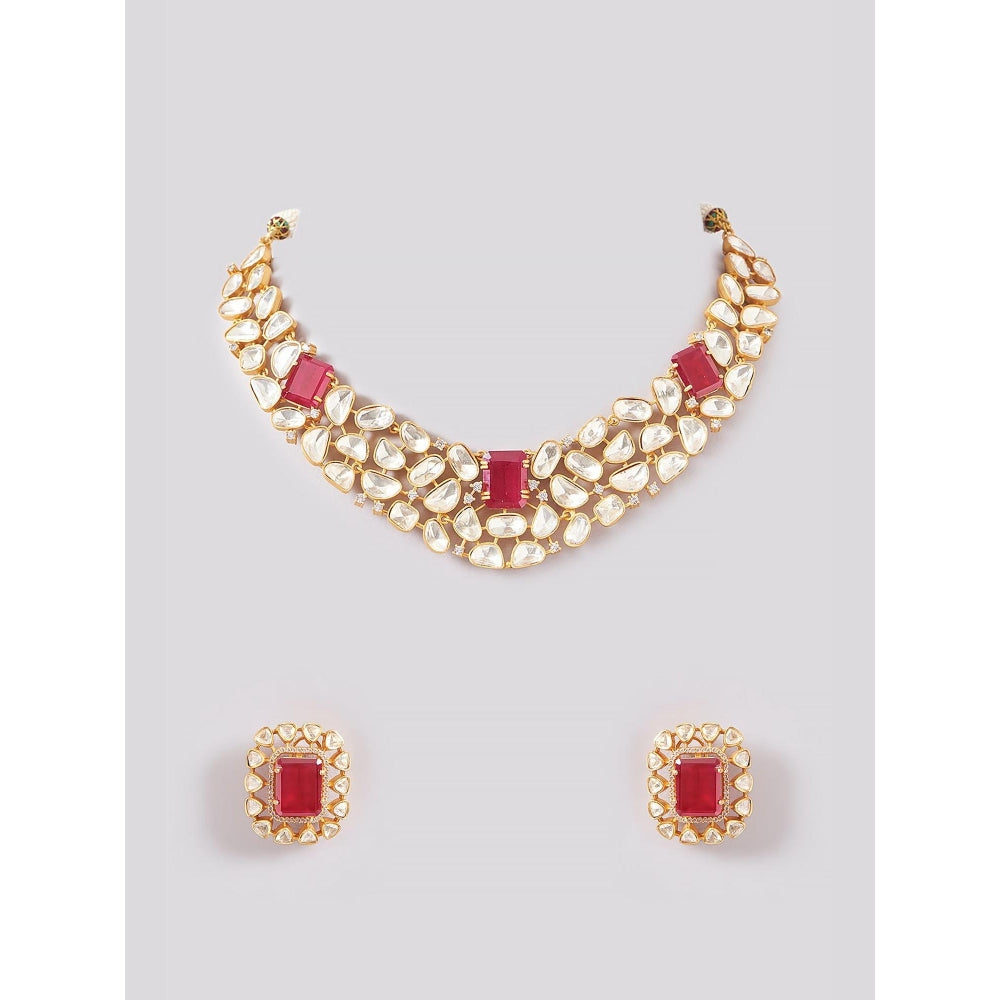 Zevar By Geeta Aarna Moissanite Red Necklace with Pair Of Earrings
