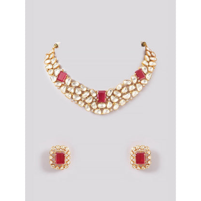 Zevar By Geeta Aarna Moissanite Red Necklace with Pair Of Earrings
