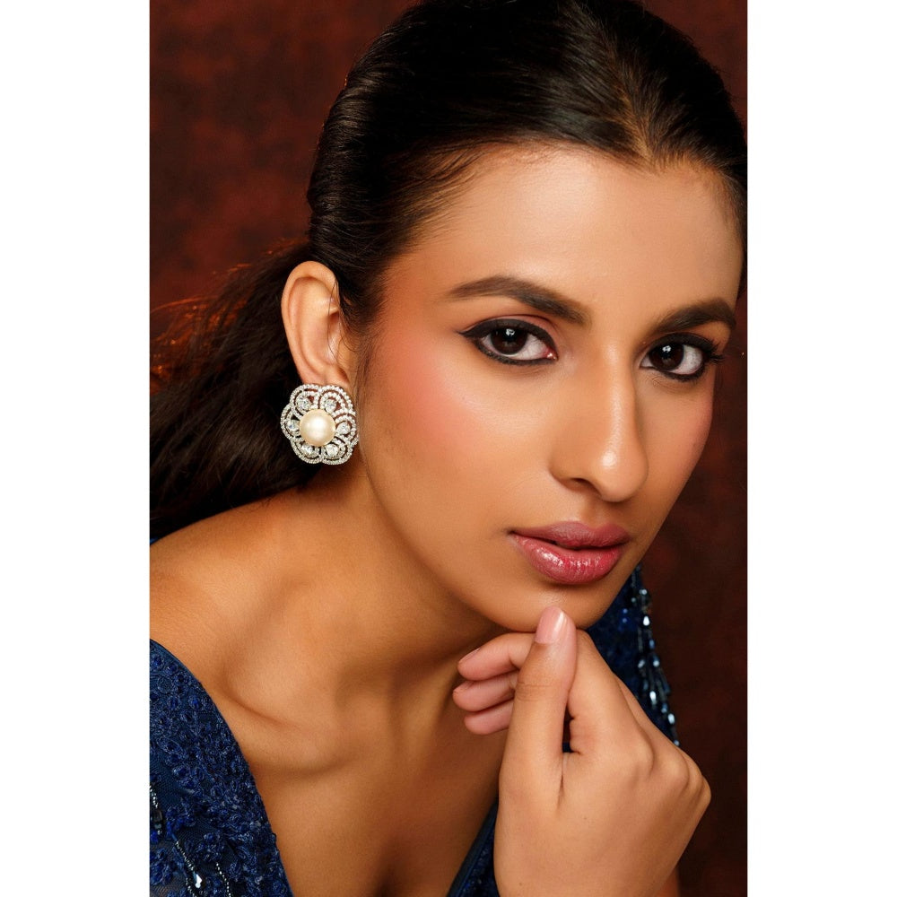 Zevar By Geeta Faye Floral Diamond Pearl Studs